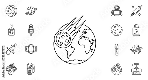A dynamic linear illustration depicts a meteorite hurtling towards planet Earth, symbolizing cosmic events, space exploration, and potential global impact, rendered in a clean outline style suitable