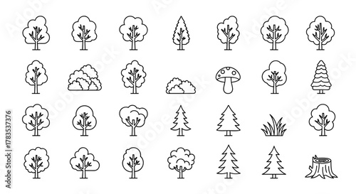 A comprehensive collection of line art illustrations featuring various trees, including deciduous and coniferous types, alongside bushes, a mushroom, grass, and a tree stump, all presented on a clean