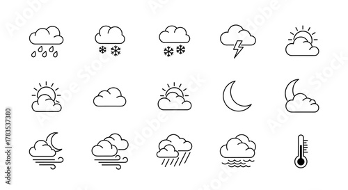 Set of 15 minimalistic linear weather forecast icons, including rain, snow, thunderstorm, sun, clouds, moon, wind, and thermometer. These clean and modern pictograms are perfect for web design