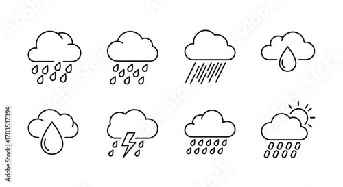 Collection of linear outline icons representing various weather conditions, including rain, heavy rain, thunderstorms, and partly sunny with rain, designed for graphic and web design, apps, and