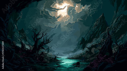 The Abyss, Vector Dark Fantasy Illustration. Game Design Concept, Dungeon, Fantasy, RPG