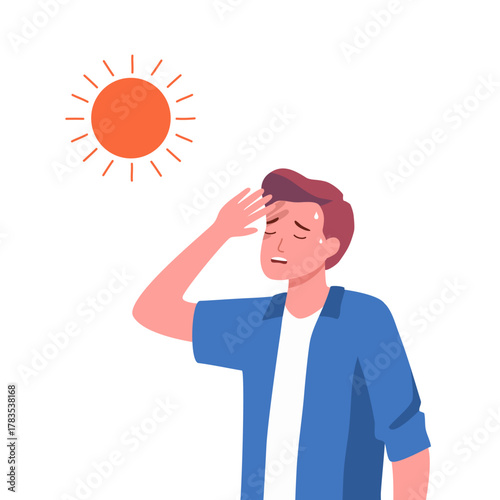 People suffering from high temperature vector illustration. Red thermometer with hot city and sun in background. Heatwave, drought, climate change, hot weather, summer concept