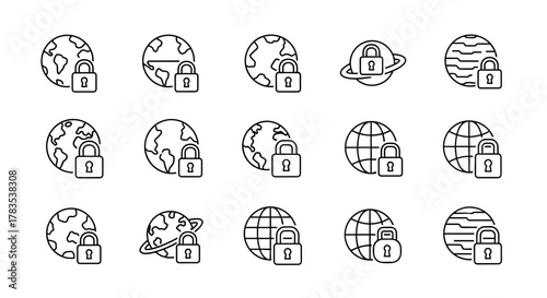 Set of 15 outline icons representing a locked planet Earth and other celestial bodies, symbolizing global security, data protection, and digital privacy. These versatile vector graphics are perfect