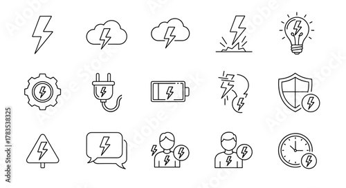 Collection of lightning bolt and electricity-themed thin line icons, including clouds, lightbulbs, batteries, plugs, gears, shields, warning signs, chat bubbles, people, and clocks, perfect for web