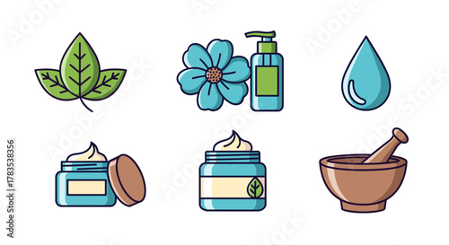 Set of flat design icons representing natural cosmetics and skincare products, including leaves, a flower, a lotion dispenser, a water drop, jars of cream, and a mortar and pestle, all on a clean