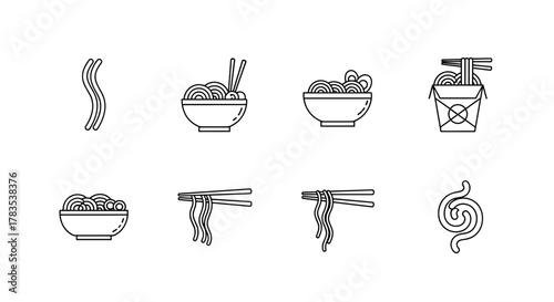 Collection of minimalistic line art icons representing noodles in various forms, including single strands, bowls, a takeout box, and chopsticks, perfect for web, graphic design, apps, banners, social