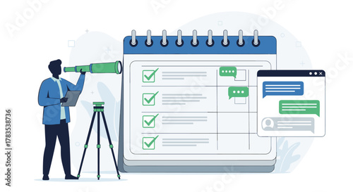 Business professional with telescope and tablet near a calendar with completed tasks and chat window, symbolizing teamwork, productivity, task management, planning, and future vision in a modern flat