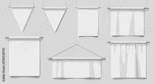 Realistic white vinyl or textile material poster on string 3D mockup vector set, featuring hanging pennants, stretched canvas, and various banner shapes, perfect for graphic design and branding
