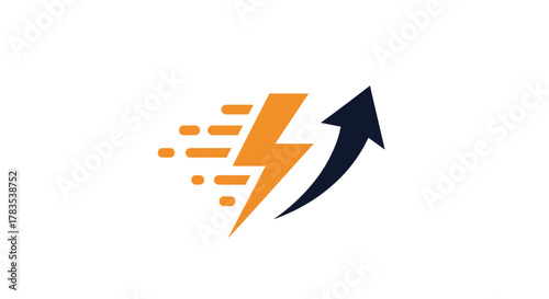 Dynamic vector graphic featuring a stylized orange lightning bolt with motion lines, symbolizing speed and energy, paired with a dark blue upward-pointing arrow, representing growth, progress, and