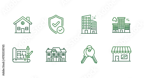 A collection of real estate line icons presented in a clean, modern style, featuring a house, shield with checkmark for insurance, office buildings, blueprint with tools, townhouse, keys, and a shop