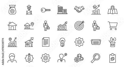 Modern thin line icons set for graphic and web design, including high-quality pictograms for real estate, recruitment, finance, business, and more. This versatile collection features linear symbols