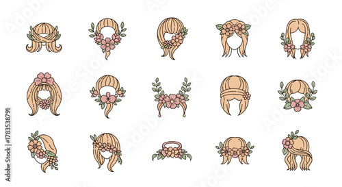 Collection of 15 charming floral hairstyles, vector cartoon illustrations, perfect for beauty logos, fashion, and feminine branding. Each design features delicate flowers and leaves adorning various