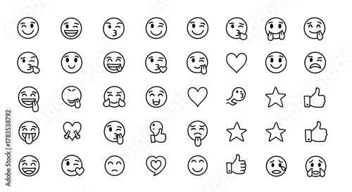 Collection of hand-drawn emoji icons in a clean, vector cartoon illustration style, presented on a white background. This ordered set features a variety of expressive faces, hearts, stars, and