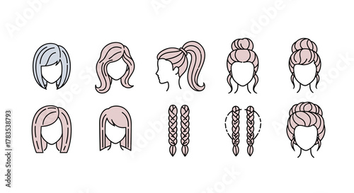 Collection of stylized female hairstyles, including bobs, waves, ponytails, braids, and elegant updos, presented as clean line art icons with pastel color accents on a white background, perfect for