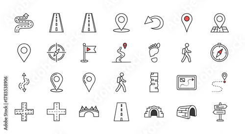 Collection of 24 navigation and travel-related line icons, including roads, map pins, compasses, footprints, hikers, bridges, tunnels, and signposts, perfect for graphic and web design, apps