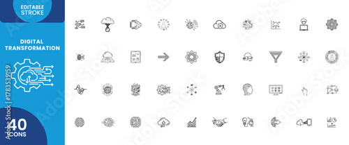 Digital Transformation glyph Icon set, AI Brain, Cloud Computing, Data Flow, Automation, Connected Network, Digital Shield, Innovation, Analytics, Blockchain, Mobile Access Vector line Icons illustrat
