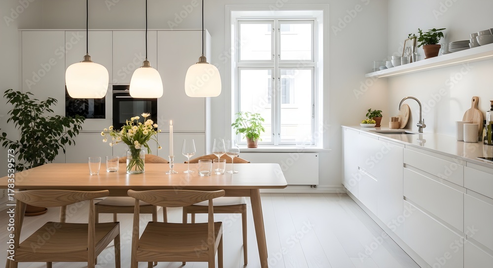 Fototapeta premium Modern Scandinavian Kitchen and Dining Area with White Cabinets, Wooden Table, and Pendant Lights