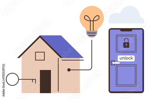 House connected to a glowing light bulb and a digital door lock with unlock button. Ideal for innovation, technology, security, smart living, automation, accessibility, futuristic concepts. Simple