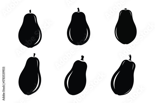six papaya fruits Silhouette isolated on white background in black color
