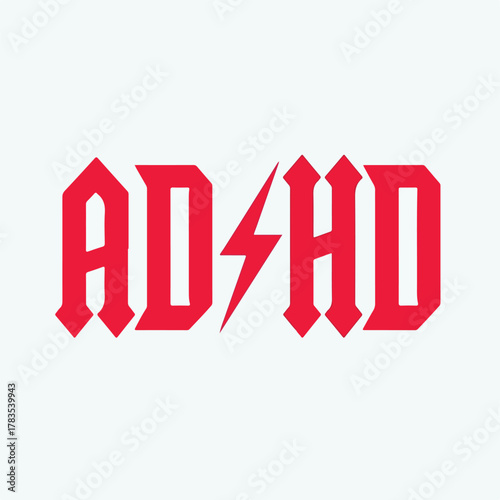 ADHD lightning bolt gothic rock style text, bold red AC/DC inspired typography design for mental health awareness and edgy pop culture art
