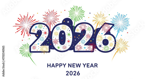 Happy new year 2026 celebration with colorful fireworks and confetti in a festive design