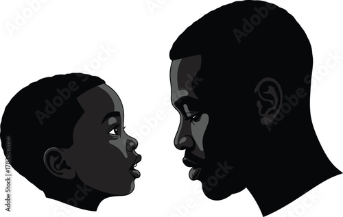 Black Father and Son Face to Face Silhouette Vector Showing Family Bond, Communication, Parenting, Love, Connection, and Emotional Expression