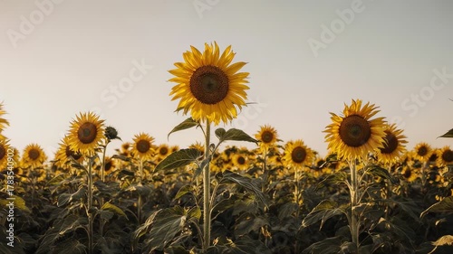 Radiant Sunflower Field Bathed in Golden Hour Light with a Prominent Bloom