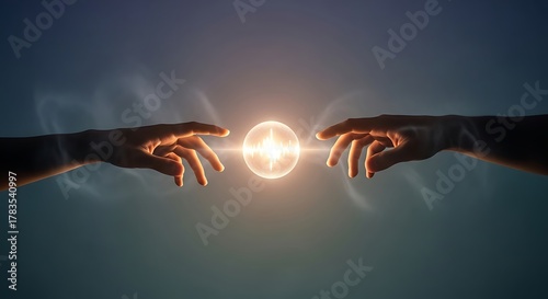 Creation of Energy Hands Reaching Towards a Glowing Orb, Symbolizing Connection & Potential