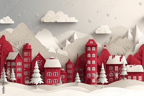 Stylized paper-cut village scene depicts red houses nestled in a snowy, mountainous winter landscape.