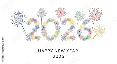 Colorful fireworks form the year 2026 against a white background with happy new year text below