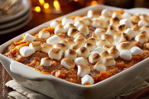 Rich orange casserole topped with toasted white confectionery pieces in a baking dish
