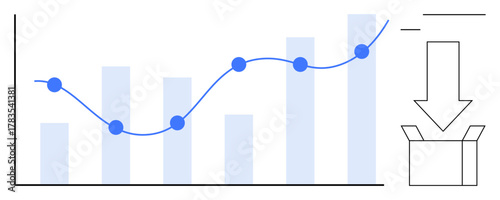 Bar and line chart with upward trend paired with a download arrow above an open box. Ideal for business growth, data analysis, progress, financial success, report sharing, digital integration, simple