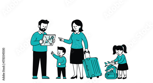 Illustration of a Family of Four Planning Their Vacation Trip with a Map and Luggage