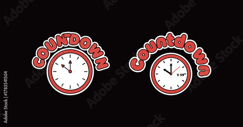 Countdown Clock Sticker Design Illustration with Red Text and Minute Hand Approaching Midnight for New Year's Eve or Time Limit Concepts