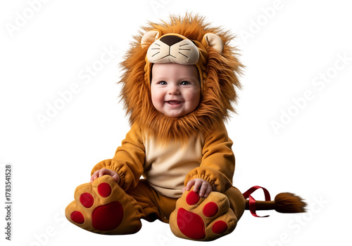 Adorable Baby in Lion Costume Smiling Brightly on a Dark Background