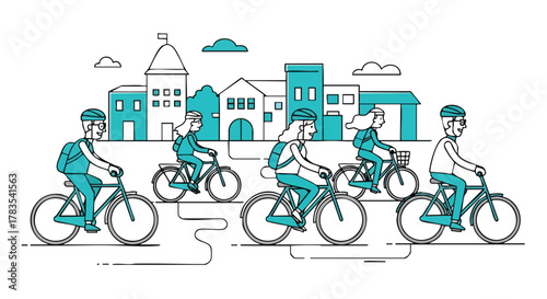 Illustration of a Group of Tourists Cycling Through a Town or Village with Buildings in the Background