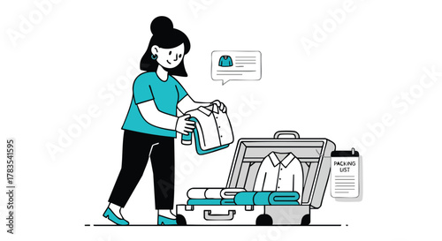 Illustration of a Woman Organizing Clothes and Packing a Suitcase for a Trip Using a Packing List