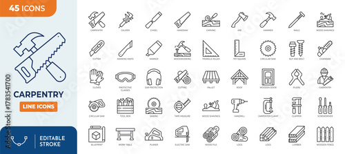 Minimalist Carpentry outine icons set with editable stroke. Containing Carpentry, handyman, tools and more. thin linear illustration.