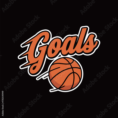 Energetic cartoon basketball with scripted 'Goals' text sticker, a dynamic graphic for sports themes, motivation, and achieving objectives in athletic design.