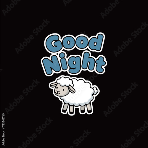 Adorable Sleeping Sheep Sticker Design - "Good Night" Themed Cute Cartoon Vector Illustration of a Fluffy Sheep, Perfect for Sleep, Dreams, or Bedtime Related Content and Products.
