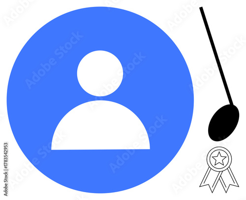 Profile icon in blue circle, linked with magnifying glass and award ribbon. Ideal for identity, search, achievement, evaluation, leadership, branding career success. Simple flat metaphor