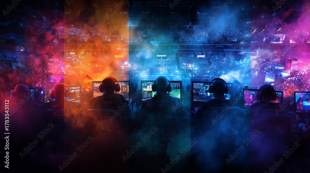 Fototapeta premium E Sports in Match, pro gamer team with male, wearing headphones, playing esports game on computer, global online streaming