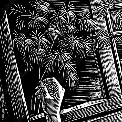 Hand holding firework sparkler in front of window at night, woodcut style