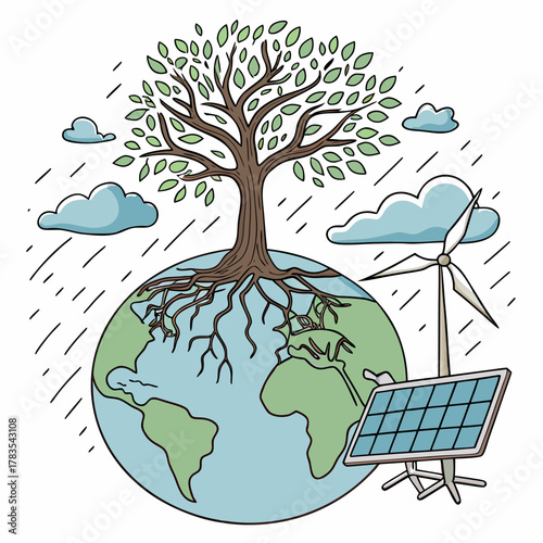 Illustration of environmental sustainability with tree and renewable energy sources