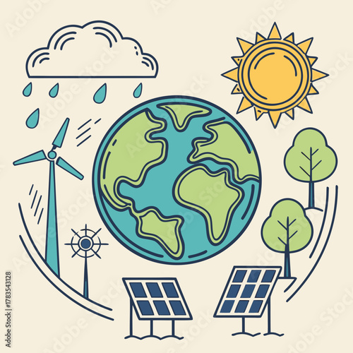 Illustration of renewable energy sources and environmental sustainability