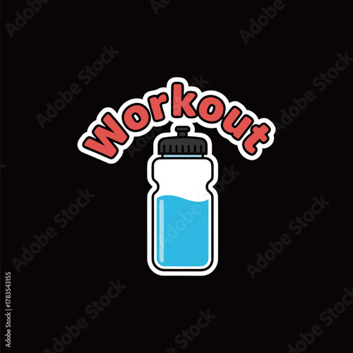 Workout Sports Water Bottle Sticker Design - Fitness Theme Vector Illustration of a Blue Water Bottle with Bold "Workout" Typography for Gym and Active Lifestyle Content.