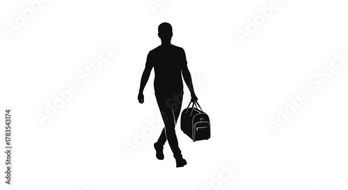 Silhouette of a person walking and carrying a duffel bag on a white background