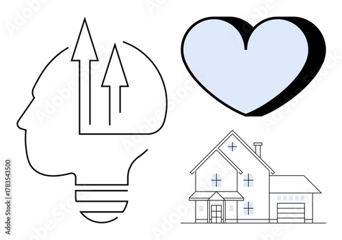 Human head with growth arrows, heart, and suburban house outline. Ideal for development, love, home, well-being, lifestyle security family themes. Minimalist aesthetic and simple flat metaphor