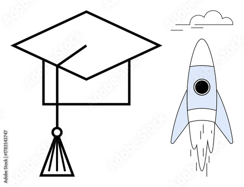 Graduation cap with tassel alongside a rocket taking off, representing academic achievement, aspirations, and growth. Ideal for education, career development, innovation, motivation, learning