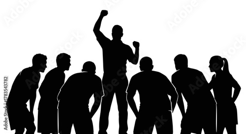 Silhouettes of a triumphant leader with raised fists surrounded by a group of attentive individuals